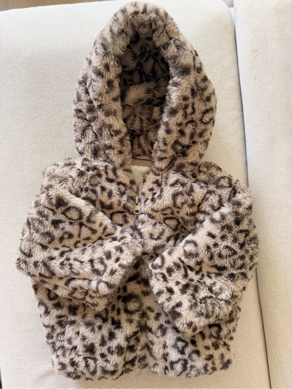 Zara Kids Faux Fur Leopard Hooded Coat in Brown